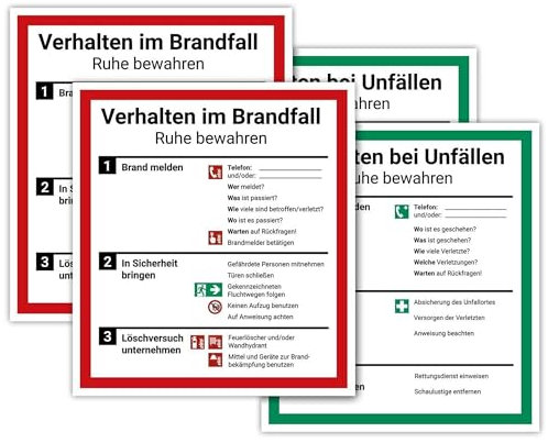 tradercat Aufkleber Verhalten im Brandfall und bei Unfällen - als 2er Set - ISO7010 ISO 7010-18cmx20cm Warnaufkleber/Hinweisaufkleber für Innen und Aussen mit UV-Schutz-, Hinweis/Gefahr Schild