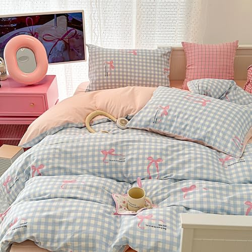 Covebett Ropa de cama de 135 x 200 cm, diseño a cuadros, color azul con lazos rosas, para niñas, funda nórdica de 2 piezas, diseño a cuadros, color azul y blanco, microfibra suave, funda de edredón