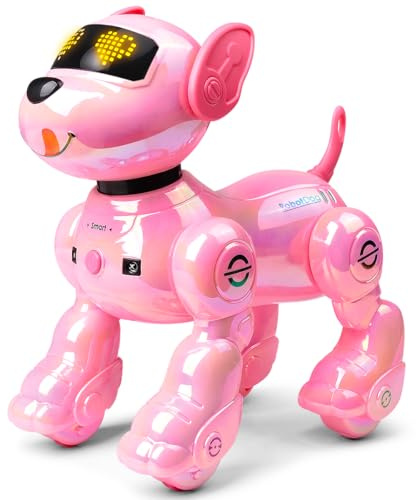 VATOS Perro Robot Recargable para Niños, Perro Robot con Control Remoto, Programable,17 Funciones Interactivas y Volumen Ajustable; Juguete de Cachorro Robot Que Canta y Baila, Regalo para Niñas,Rosa