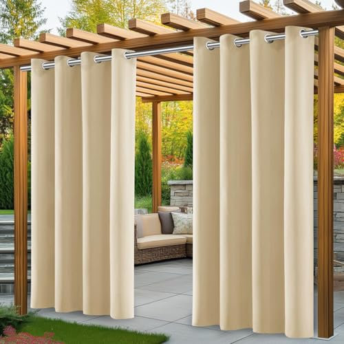 PITMT Tende da Esterno, 2 Pezzi Tende per Gazebo Antipioggia con Anelli, Tenda per Esterno Impermeabili, Tenda Oscurante da Esterno per Terrazzo Porta Balcone Veranda Giardino Pergola(132*215cm,Beige)