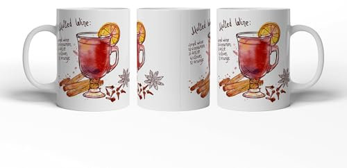 deyoli Tazza di vino brulè speziato con ricetta in stile acquerello, 300 ml, in ceramica bianca, tazza da caffè/idea regalo