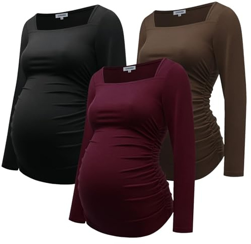 GINKANA Umstands-Shirts, quadratischer Ausschnitt, schmale Passform, T-Shirt, Schwangerschaft, Basic, Langarm-Shirt für den täglichen Gebrauch, Schwarz, Burgunderrot, Schokoladenbraun, Klein