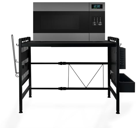 HomeLuxWorld Mikrowellen Regal stehend – 2-stufiges Metallregal schwarz mit Lochmuster, stabiles & verstellbares Küchenregal für Mikrowelle, Toaster & Küchengeräte, rutschfest & platzsparend