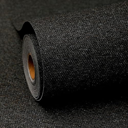 ShanLi PuWu Black Peel and Stick Wallpaper Slight Velvety Feeling Woven Fabric Grasscloth Textured Washable Thick Self-Adhesive Contact Paper Removable (16.5x236.2) S72