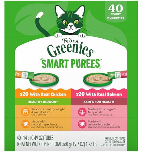 Greenies Feline Smart Purees Healthy Indoor and Skin & Fur Health Lickable Cat Treats, with Real Chicken, with Real Salmon, 0.49 oz. Tubes, 40 Count