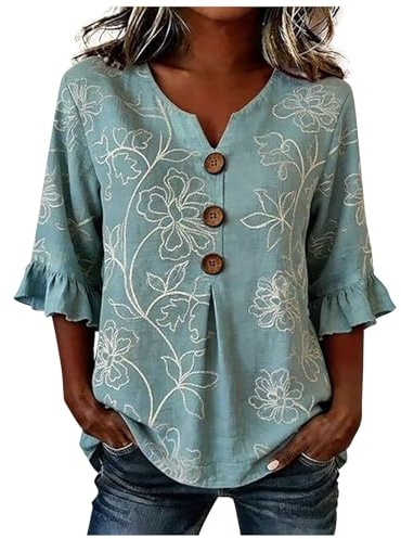 Chemise Femme Coton et Lin Décontracté Haut Femme Classique Col V Boutonné Manches 3/4 Couleur Unie Ample Fluide Vetement Ete Tunique Décontracté Tee Shirt Grande Taille Boutonné Blouse