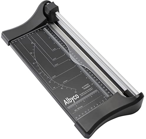 Albyco - Papierschneider A4 Schnittlänge 330 mm - Rollschneider, Schneidemaschine Papier, Schneidegerät, Schneidelineal - RSA4, Bis zu 8 Blatt 80-Gramm Papier - Stahl