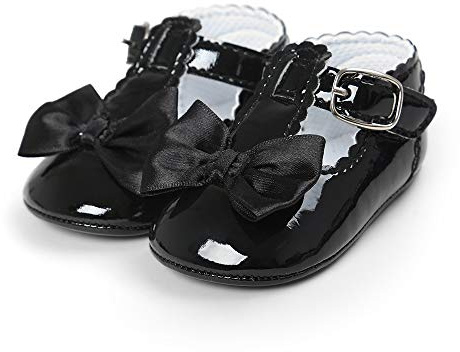 LACOFIA Newborn Baby Girls T-Bar Anti-Slip Bowknot Princess Party Shoes, 3-6 Months, A Black