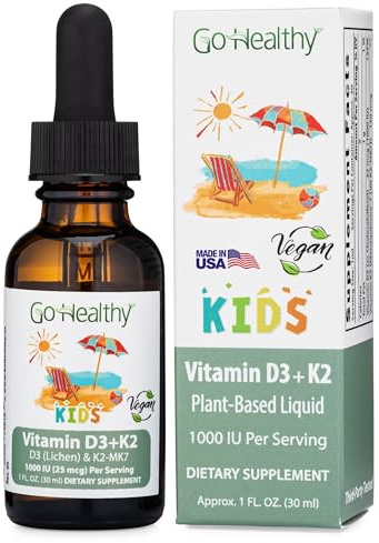 Go Healthy Kids Vitamins D3 K2 (MK-7), Child Vitamin D, Liquid Vegan D3 K2 Drops for Kids, Sugar-Free, Easy-to-Absorb, Children's Growth & Immune Support, Vanilla Flavor - 30 Servings
