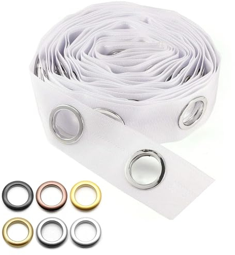 TENDEEVOLUTION - Fettuccia per Tende in Polietilene con Occhielli di 40 mm di Diametro, disponibile in vari Colori. Nastro Tende con Anelli (CROMO SATINATO con Fettuccia Bianca)