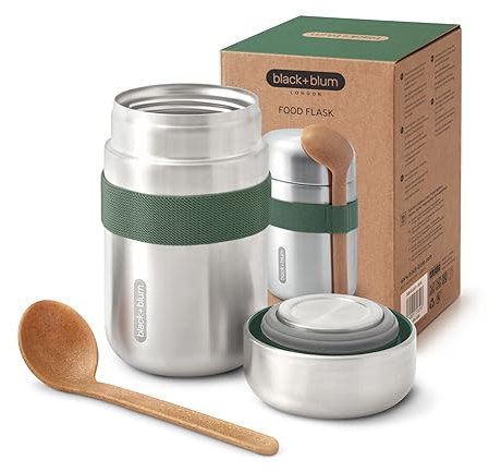 BLACK + BLUM - Food Flask - Vacuum Insulated 304 Stainless Steel Food Container with Leak Proof Lid, Nylon Strap and Natural Wood Fibre Spoon - Keeps Hot for 6 hrs, Cold for 8 hrs, Olive - 400ml