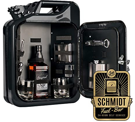 AMAVEL Kanister Bar 20 l mit Plakette und Namensgravur, Schwarzer Benzinkanister Minibar mit 8-teiligem Zubehör-Set, Barschrank im Vintage Look inkl. 2 Gläsern und Flaschenhalter