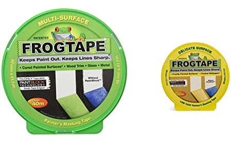 Frog Tape Green Multi Surface Painters Masking Tape 48mm x 41.1m. Indoor painting and decorating for sharp lines and no paint bleed & Yellow Delicate Surface Painters Masking Tape 36mm x 41.1m.