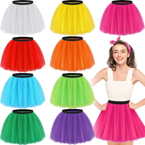 Handepo 9 Pcs Colored Tutus for Women 4 Layered Tulle Tutu Skirt Elastic Classic Bulk Tutu for 80s Girl Halloween Costume(Bright Colors) Multicolor