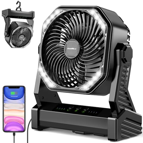 20000mAh Battery Powered Camping Fan, 58Hrs Rechargeable Portable Fan, 400LM Light, 360° Hook, Whisper Quiet Battery Operated Fan for Outdoor Car Travel Gear Essentials Power Outages Co-brand AMACOOL