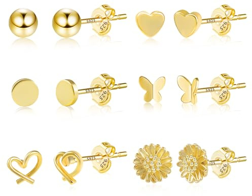 ASH'S CHOICE Pendientes Para Mujer 6 Pares De Pendientes Pequeños Para Cartílago Oreja Clavos Chapados En Plata S925/Oro De 14 Quilates Hipoalergénicos, Adecuados Para Mujeres, Niñas y Hombres