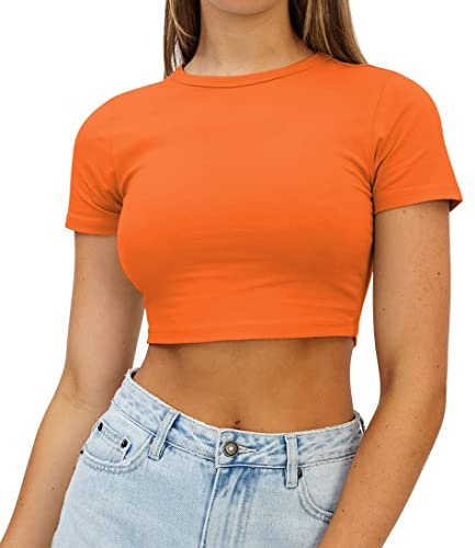 AirMood Womens Crop Summer Tee Tops Short Sleeve Casual Cropped Tshirt (Orange,L)