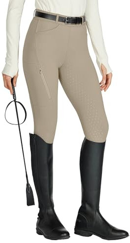 WILLIT Reitleggings Damen Reithose Silikon Vollbesatz High Waist Stretch Reithose mit Reißverschlusstasche Gürtelschlaufen Khaki M