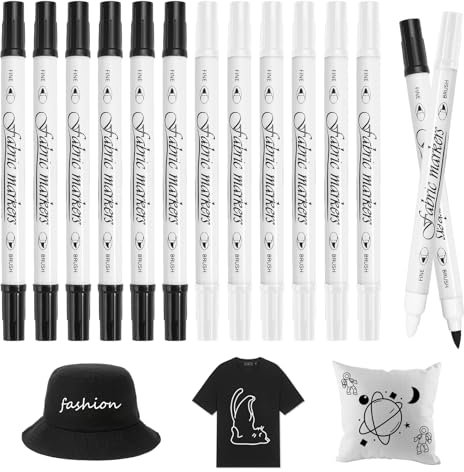 CUINIUNAID 12 Stück Textilstifte Waschmaschinenfest Schwarz und Weiß Dual Tip Textmarker 1-5mm Stoff Stifte Waschfest Textilmarker Permanent Textilfarbe Stoffmalstifte für T-Shirt Textilien