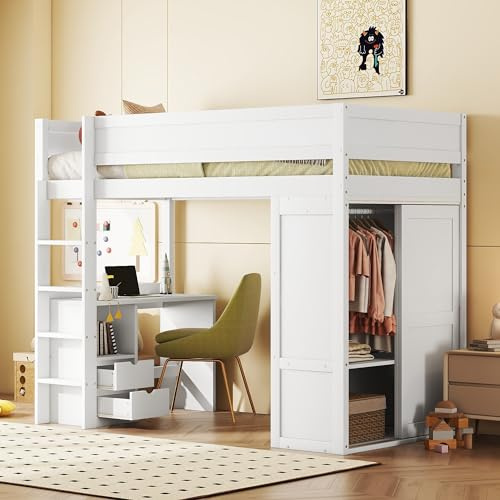 Lcoho, Cama de madera, cama alta y versátil para niños, equipada con armario, escritorio y cajones (blanco)