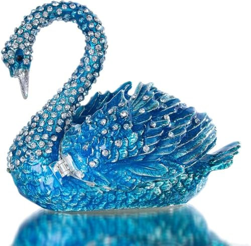 HDCRYSTALGIFTS Schmuckkästchen mit blauem Schwan, mit Scharnier, für Ringe, Ohrringe, Schmuck, Organizer, handbemalte Tierfiguren zum Sammeln, Andenken, Heimdekoration, Hochzeitsgeschenk