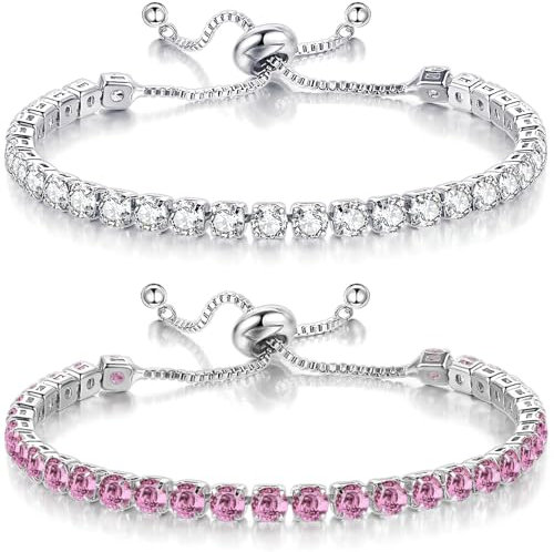 BAOKELAN Bracelets for Women 2 Pcs Tennis Crystal Bracelets Adjustable Cubic Zirconia Bracelet Silver+Pink