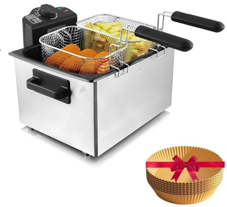 ANGDI Electric Deep Fryer, 5 Litre Stainless Steel Deep Fat Fryer, 2100W Electric Oil Fry Pot with 3 Frying Baskets, Adjustable Temperature, Perfect for Kitchen Chicken Fry Fish Chips