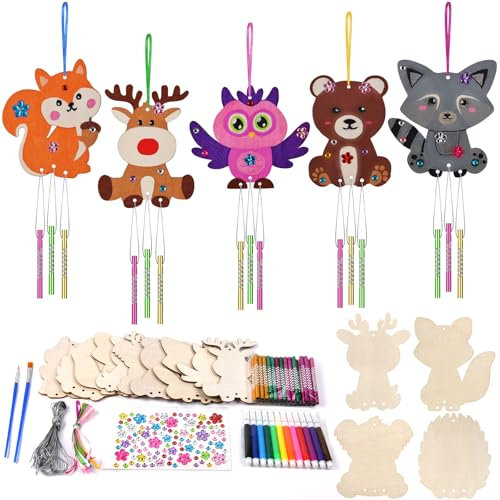 Ainiv Kits Bricolage 9Pcs Animal Carillon à Vent en Bois, Loisirs Créatifs pour Filles, Ensemble de Décoration pour Carillons Éoliens, pour Enfants de 4, 5, 6, 7, 8 Ans et Plus
