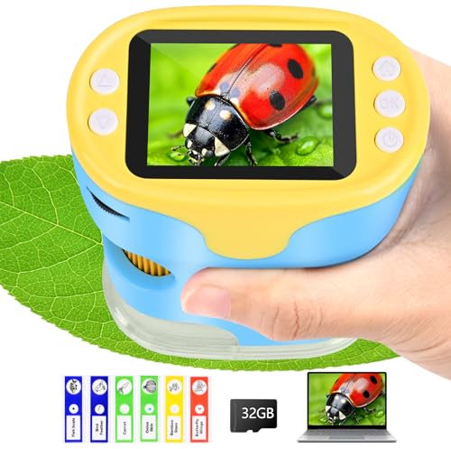 Mikroskop für Kinder, Vankarr 1000X Digitale Taschenmikroskop Tragbares Mini Handy Mikroskope mit 32GB SD-Karte, 2-Zoll-IPS-Bildschirm, Objektträgerproben, Geschenk für Kinder Studenten, Blau