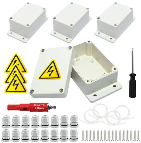 4 boîtes de jonction, IP67 Boîte de dérivation blanche étanche, Boîte de distribution apparente, boîtier électronique avec 16 presse-étoupes, plaques de sécurité, scie cloche 16 mm, tournevis