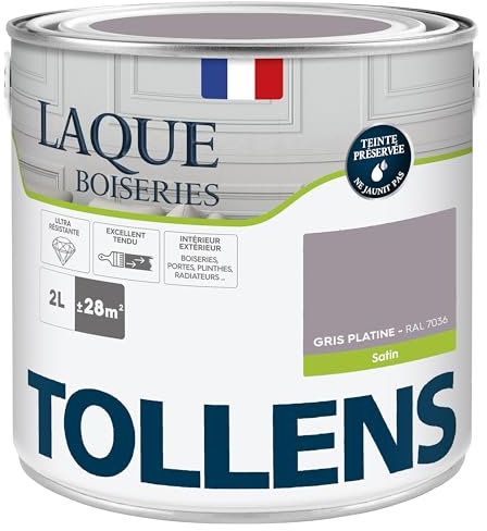 Tollens - Peinture, Laque, Ultra Résistante, Multisupport, Satin, Gris Platine, 2L = 28m2