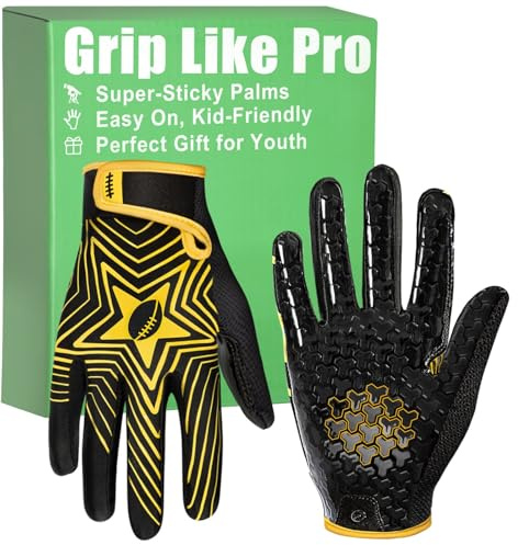 Pixel Panda Youth Football Gloves for Boys Girls, Black Flag Football Gloves with Super Sticky Grip, XS-XL Wide Receiver Glove for Kids 5-14 Best Gifts for Training(YM)