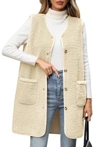 RITOSTA Gilet Pile Donna Lungo Smanicato Giacca Teddy Invernale Caldo Giubbotto Termica Cappotto Senza Maniche Elegante Gilet Pelliccia Lunga Parka Giacche con Tasca(Beige,M)