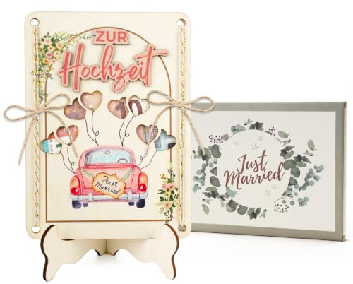 Mason Life Regalo de dinero para boda de madera con soporte, tarjeta de felicitación para coche de boda, regalo original de boda para novios, tarjeta de dinero decorativa para bodas para colocar de