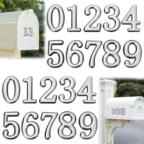 50Pcs Mailbox Numbers for Outside, 5 Sets of 0-9 Self-Adhesive Mail Box Numbers 2 Inch Silver Door Address Number Stickers, 3D Waterproof House Number for Mailbox Apartment House Trash Bins Office