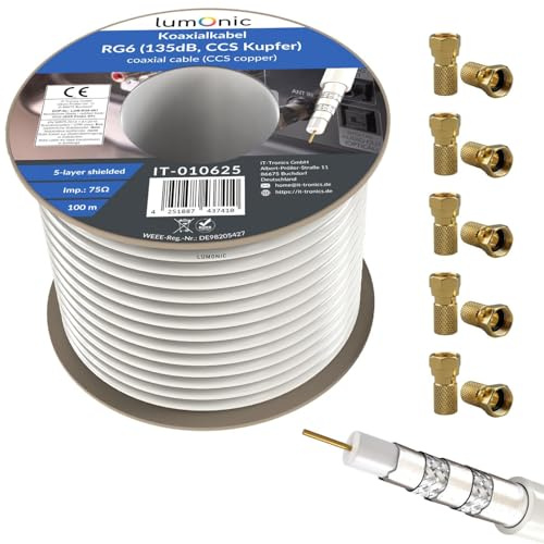 Lumonic Antennkabel RG6 135dB 100 m på rulle + 10x F-kontakter | 5-faldig avskärmning - inga fler bildstörningar | SAT-kabel, koaxialkabel Internet, TV-kabel