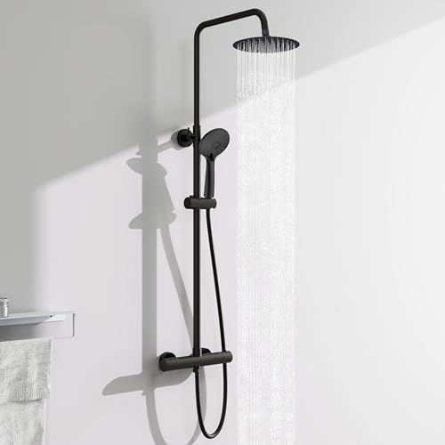 AICA Ensemble de Colonne de Douche Thermostatique pour Salle de Bain, Robinet de Douche Thermostatique en laiton, 3 Modes de Pulvérisation, Chromé, noir,Hauteur Réglable 750 mm-1280 mm (noir)