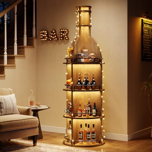 Tribesigns Étagère à Vin avec Tablettes de Rangement, 190 cm Casier à Vin Industriel Rond avec Porte-verres Suspendu, Présentoir à Bouteilles Autoportant pour Salon, Cave, Marron (Sans Éclairage, 1PC)