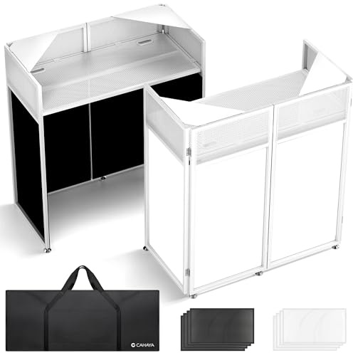 CAHAYA Mesa DJ Portátil Plegable – Cabina DJ con Fundas Negra y Blanca, Estructura Metálica Estable, Gestión de Cables y Bolsa de Transporte, para Controlador y Portátil, 102×51 cm, Blanco
