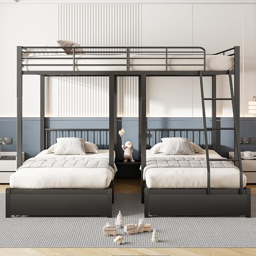 HUQIQWE litera de Metal Negro con 2 cajones, Convertible en Cama 140x200 + 2 Camas 90x200, barandilla Continua, somier Incluido, sin boxspring, Estructura Estable, Modelo litera Triple
