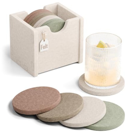 Fluxynara Felt Drink Coasters with Holder, Round, Set of 8, Boho | Absorbent, Heat-Resistant & Reusable Felt Coasters for Drinks, Coffee Tables and Home Decor, Ideal for Gifting, 10 cm