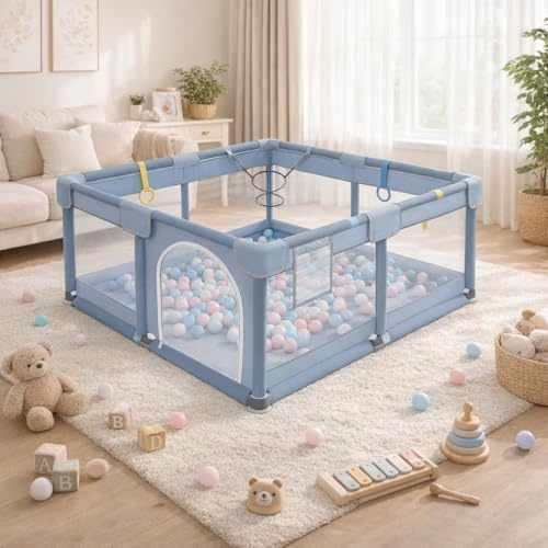 Parque infantil de 150 x 180 cm, gran parque plegable con red transpirable, valla estable para bebés con base antideslizante y cremallera, zona de juego XXL para bebés y niños pequeños, gris
