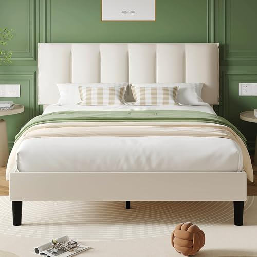 VECELO Lit Double Rembourré, Sommier Plateforme avec Support à Lattes en Bois Solide, Tissu Velours, Assemblage Facile, Beige