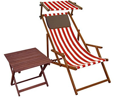 Erst-Holz Liegestuhl rot-weiß Gartenstuhl Tisch Sonnendach Kissen Deckchair Buche Strandstuhl 10-314 S T KD