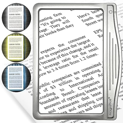 MAGNIPROS Patented 3X Large LED Page Magnifier for Reading | Eye Caring 3 Color Light Modes & Anti-Glare Lens to Reduce Eye Strain-Perfect for Small Prints, Aging Eyes, Low Vision and Seniors