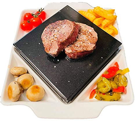 Higoshi 1 x Cooking & Serving Plate - Meat, Fish, Veg & Steak Hot Stone Cooking Set Black Lava Rock - Hot Stone on Ceramic Plate