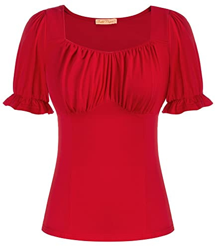 Belle Poque Donna Camicia Maniche Corte a Sbuffo Slim Fit Scollo a Cuore Elegante Classico Rosso Camicia Vintage bp376-1 M