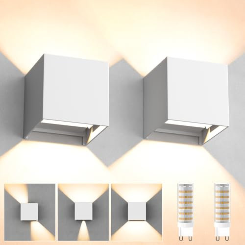 YrgePowk 2 Pezzi Applique da Esterno con 9W 3000K Bianco Caldo G9 Sorgente Luminosa Sostituibile，Moderna LED Lampade da Esterno Parete IP65 Impermeabile Angolo del Fascio Regolabile（Bianco）