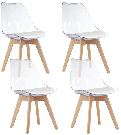 Home Collective 4er Set Esszimmerstuhl Stuhl Wohnzimmerstuhl, in insgesamt 11 Farben, 4X durchsichtig mit Vollholzbeinen in Natur, bequemer & Stabiler Schalenstuhl