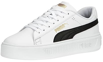 PUMA Women's SMASH PLATFORM V3 Sneaker, PUMA White-PUMA Black-PUMA Gold, 5.5